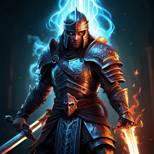 Prompt: PlayerOfSlayer, digital illustration, fantasy warrior wielding a magical sword, dramatic lighting, high quality, epic fantasy, vibrant colors, detailed armor and weapon, glowing magical runes, intense and determined expression, mystical background, powerful stance, dynamic composition, heroic, epic lighting, digital illustration, fantasy, vibrant colors