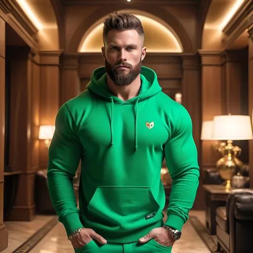 Prompt: A giga chad with beard and green hoodie, handsome and wealthy 