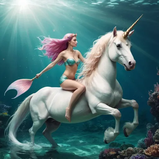 Prompt: A mermaid rides a unicorn.