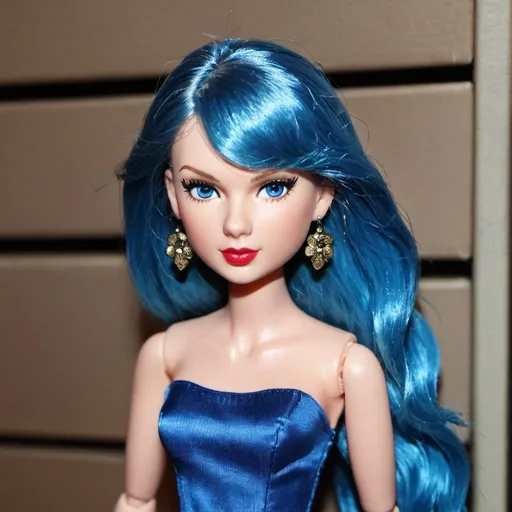 Prompt: Taylor Swift doll with blue hair.