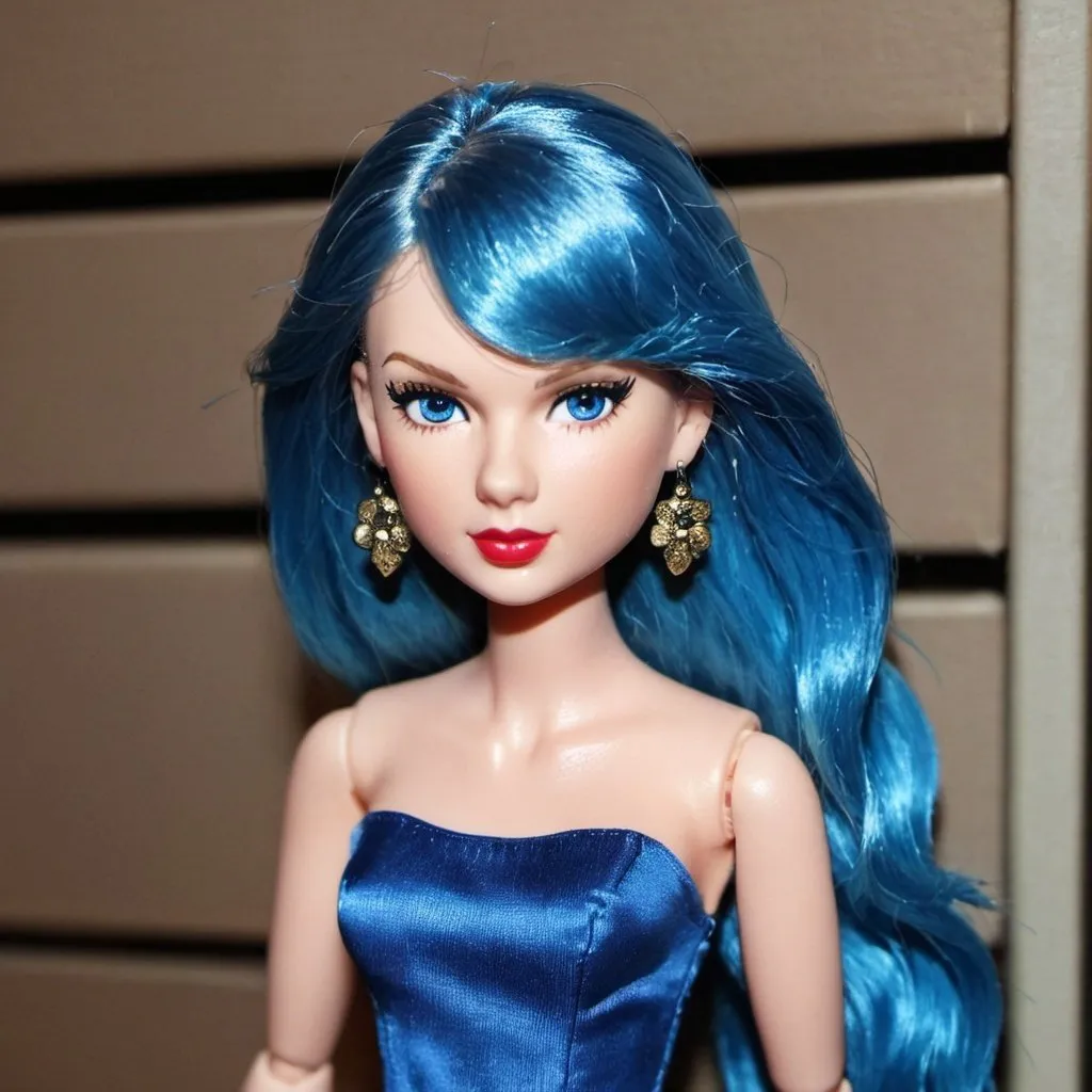 Prompt: Taylor Swift doll with blue hair.