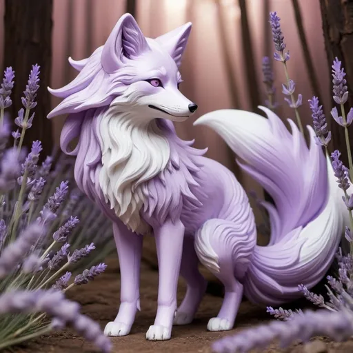 Prompt: Lavender colored nine tailed fox