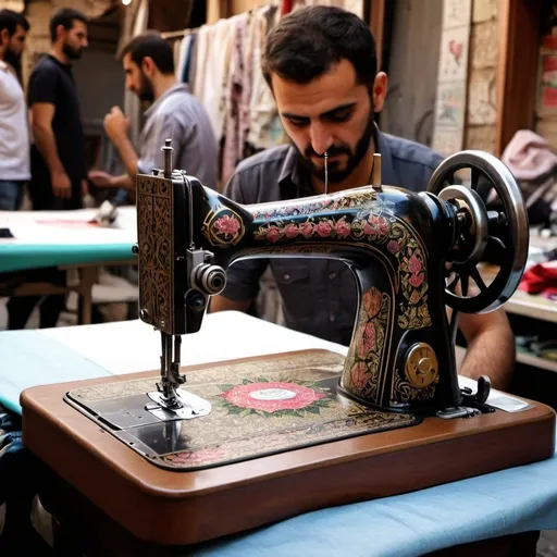 Prompt: street tailor market Damascus "graphic novel style" sewing machine

