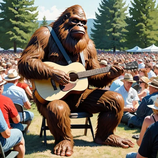 Prompt: A Sasquatch playing acoustic guitar at a outdoor concert in the style of Norman rockwell
