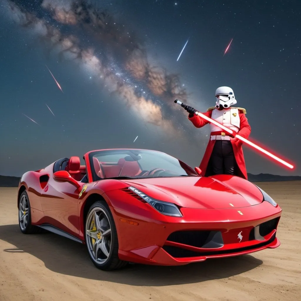 Prompt: make napoleon with a ferrari car and a light saber at the milky way