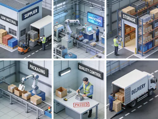 Prompt: creame estas imagenes en 3d por separado: 
1. proveedor 
2. materia prima
3. fabricación 
4. almacenamiento
5. embalaje
6. control de calidad
7. entrega (en camion)
