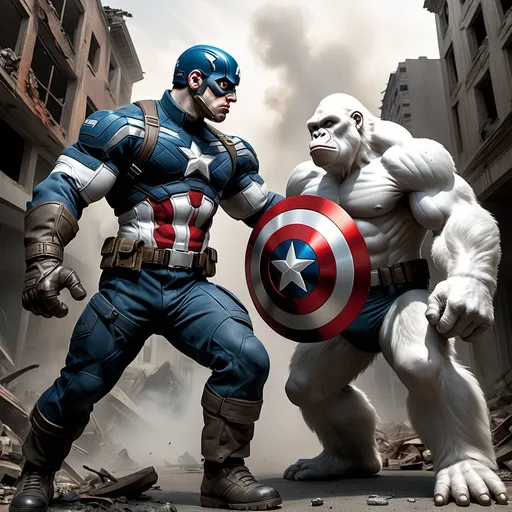 Prompt: Captain America in full armor standing face to face with a 1-meter tall white gorilla. Both are in a tense standoff, showcasing full body figures. Captain America is holding his iconic shield, looking determined, while the white gorilla stands in an aggressive stance, showing its strength. The background depicts a ruined city with collapsed buildings, smoke rising, and a desolate atmosphere, giving a dramatic contrast to the characters.