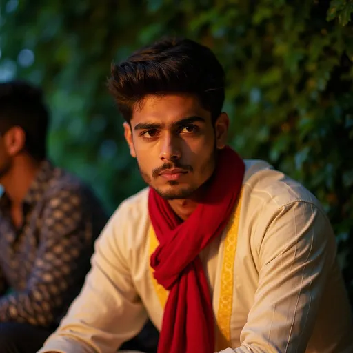 Prompt: Under the soft glow of ambient night lighting, a young man sits pensively, framed by lush greenery that hints at an outdoor gathering. He wears a traditional white outfit adorned with subtle yellow stripes, complemented by a vibrant red scarf draped around his neck, which adds a striking contrast to his elegant ensemble. His expression is thoughtful, with dark eyebrows furrowed and a serious gaze fixed into the distance, suggesting a moment of reflection. Beside him, another figure partially visible wears a patterned shirt, contributing to a sense of camaraderie in the scene. The overall mood conveys a blend of contemplation and community, illuminated by warm, gentle light that enhances the serene atmosphere.