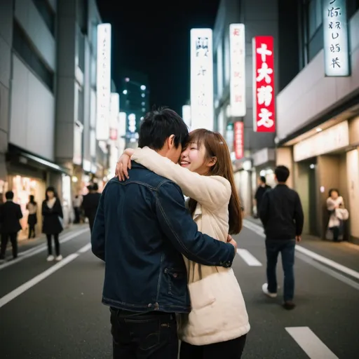 Prompt: Lovers Huging and Kissing while Laughing in the middle of Roppongi Japan in the middle of the Night