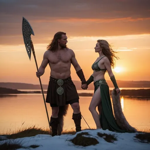 Prompt: Only in Fur dressed Celtic starring at the sunset holding his wife and a spear