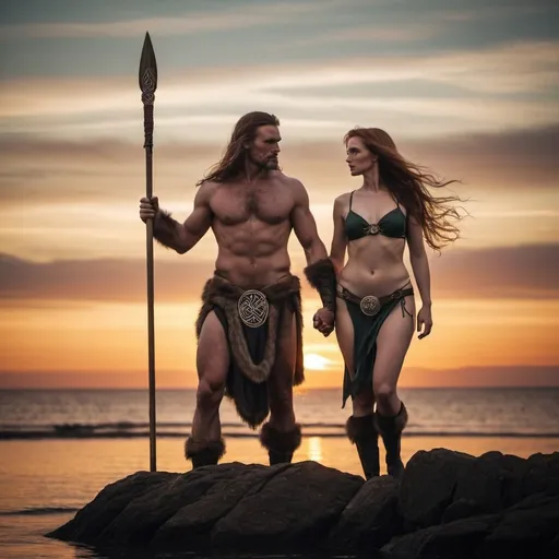 Prompt: Only in Fur dressed Celtic starring at the sunset holding his wife and a spear