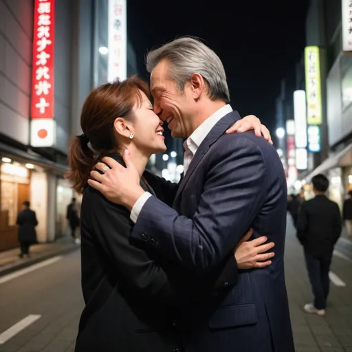 Prompt: Middle Aged European Lovers Huging and Kissing while Laughing in the middle of Roppongi Japan in the middle of the Night