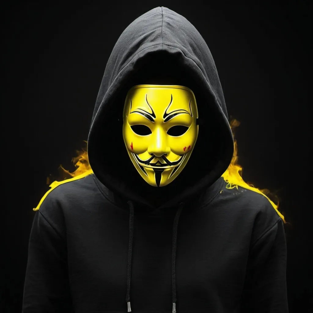 Prompt: MAKE A IMAGE WITH DARK BACK GROUND  a black hoddie yellow mask man killed a girl and man should be in right 