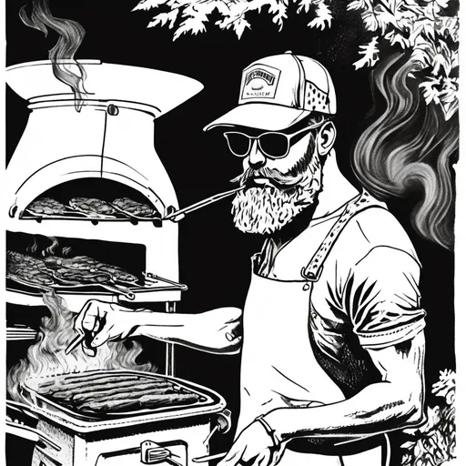 Prompt: Vintage clipart drawing of a man with a beard wearing dark sunglasses at a bbq smoker wearing a trucker hat, black and white, ink drawing