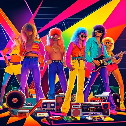 Prompt: Create an image that captures the essence of 80s music. The scene should feature a vibrant, retro aesthetic with neon colors, synthesizers, and a boombox. Include iconic 80s elements like cassette tapes, vinyl records, and an electric guitar. A group of people, dressed in 80s fashion with big hair and bold outfits, should be dancing and enjoying the music. The background can have geometric shapes and a cityscape with bright lights. Make sure the image exudes energy, nostalgia, and fun.