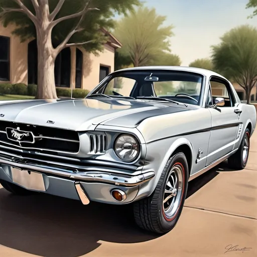 Prompt: (hyper realistic color painting), (1965 Ford Mustang), realistic details, classic car, shading emphasizes curves, vintage vibe, intricate textures, dynamic angles, artistic masterpiece, warm tones, nostalgic atmosphere, high contrast, ultra-detailed, pencil sketch artistry, focused on showcasing the elegance of the Mustang's design.