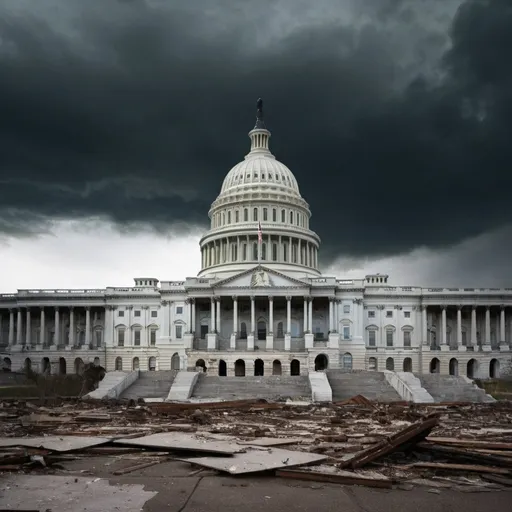 Prompt: Create an image of a large, iconic government building similar to the U.S. Capitol. The building should appear partially in ruins, with visible cracks running through its columns and walls. Some sections of the structure should be crumbling, with debris scattered on the ground below. The dome of the building is also damaged, with pieces missing or fractured. The sky above is dark and foreboding, with heavy clouds casting shadows over the scene. The overall atmosphere should convey a sense of decay and the deterioration of once-strong institutions, using a muted, somber color palette.