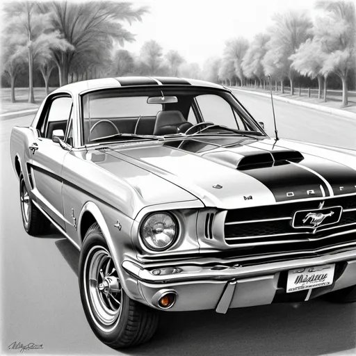 Prompt: A hand drawn pencil drawing of a 1965 Ford Mustang