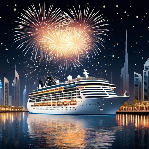 Prompt: A cruise ship in Dubai at night with fireworks, cartoon image