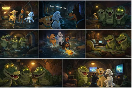 Prompt: Prompt:
Create a cinematic 2D animated cartoon scene set inside a dim but slightly cozy sewer tunnel at night. The environment has wet stone walls, pipes, and small puddles with water dripping, but the tone should feel adventurous and not scary.
Three cartoon dogs—a friendly golden retriever (Teddy), a soft and gentle poodle (Wool), and a brave but slightly nervous shepherd dog (Ranger)—carefully walk through the sewer, looking around with curiosity and caution.
As they explore, the nervous dog accidentally steps on a small rubber duck toy, making a loud squeaky sound that echoes through the tunnel. The dogs freeze in surprise.
From the shadows behind them, two large cartoon crocodiles slowly rise into view. They look big and intimidating at first, with glowing eyes in the dark, but still in a stylized, non-threatening cartoon way.
One of the dogs quietly says, “Look behind you…” The nervous dog slowly turns around, reacts with a surprised jump and bark, and all three dogs begin running as the crocodiles chase them in a fast-paced but playful way through the sewer tunnels.
The chase is energetic and comedic, with splashing water and exaggerated cartoon movement, not violent or scary.
The dogs reach a dead end and stop. The crocodiles approach—but instead of attacking, they suddenly relax and begin talking in a calm, friendly tone. The tension shifts into a humorous and friendly moment.
The crocodiles invite the dogs into their underground home, which is unexpectedly cozy, with a small TV playing, soft music, and a clean environment. Inside, a calm boa constrictor is seen cleaning the room.
All characters become friendly and start talking like new friends. The scene ends with a warm, welcoming feeling.