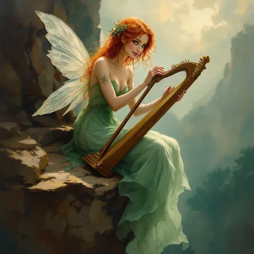 Prompt: an award winning oil painting of a happy beautiful auburn haired fairy with green eyes dressed in flimsy flowing green material, sitting on the edge of a cliff playing a harp high detail 4k