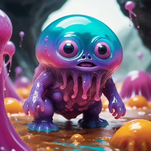 Prompt: a squishy gelatinous creature in an alien world covered with colorful goo