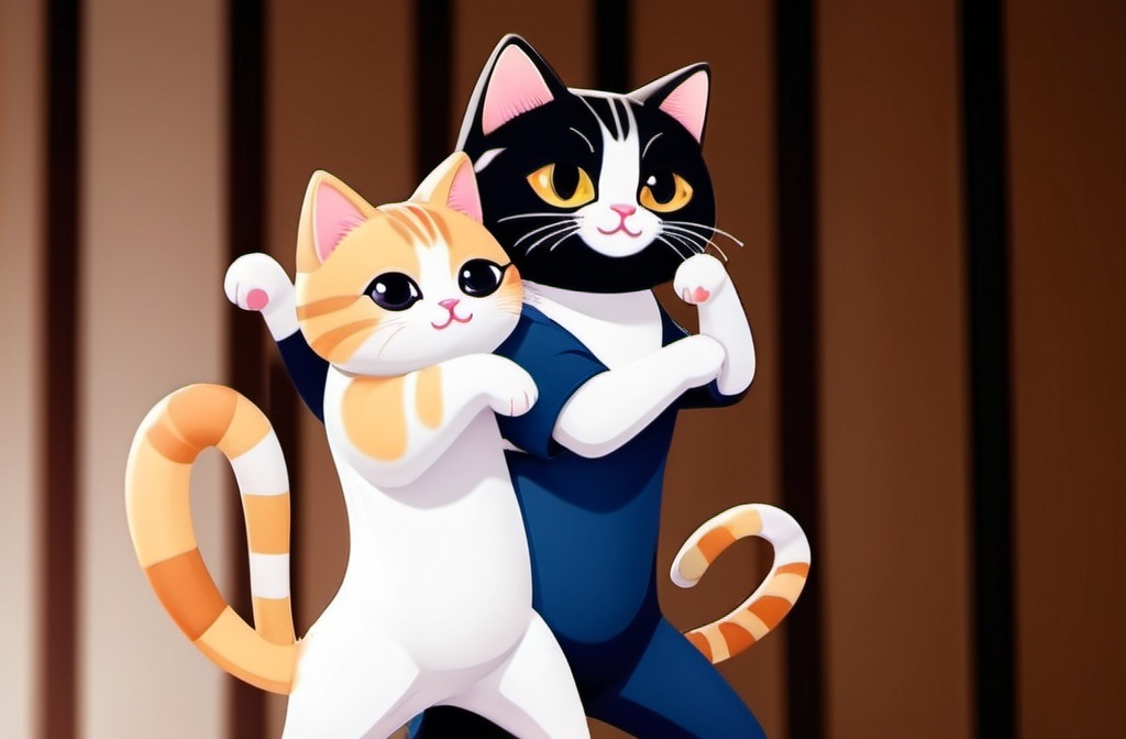 Prompt: Chibi kawaii cute cartoon illustration, two dancing cats, saturated colors