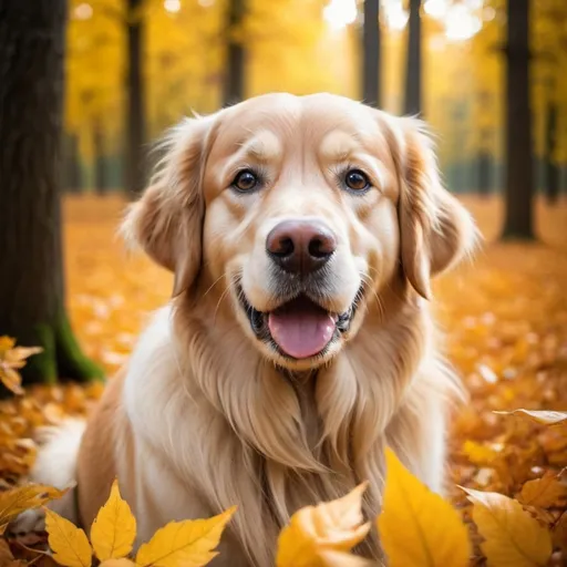 Prompt: Nel cuore di una foresta autunnale, dove le foglie brillavano nei toni dell'oro e dell'ambra, un golden retriever di nome Max ha trovato il suo trespolo perfetto su un ramo di un albero caduto. Con le zampe appoggiate comodamente sulla ruvida corteccia e la lingua che ciondolava in un sorriso gioioso, Max osservava il suo regno di foglie fruscianti e aria frizzante. La luce del sole filtrava attraverso il baldacchino, proiettando un caldo bagliore sulla sua pelliccia, facendolo sembrare una creatura di pura felicità. Per Max, questo momento era l'epitome della libertà e della beatitudine, una semplice gioia nell'abbraccio della natura.