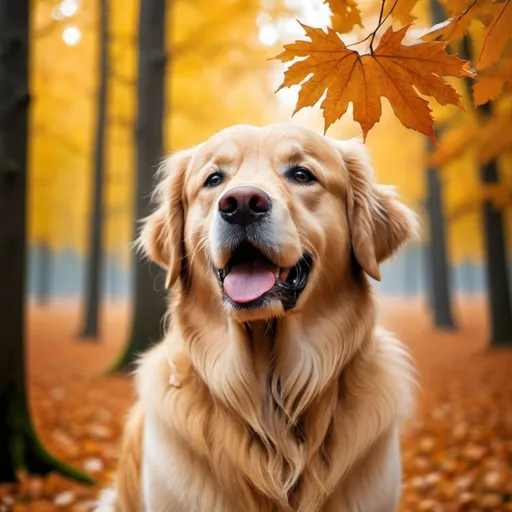 Prompt: Nel cuore di una foresta autunnale, dove le foglie brillavano nei toni dell'oro e dell'ambra, un golden retriever di nome Max ha trovato il suo trespolo perfetto su un ramo di un albero caduto. Con le zampe appoggiate comodamente sulla ruvida corteccia e la lingua che ciondolava in un sorriso gioioso, Max osservava il suo regno di foglie fruscianti e aria frizzante. La luce del sole filtrava attraverso il baldacchino, proiettando un caldo bagliore sulla sua pelliccia, facendolo sembrare una creatura di pura felicità. Per Max, questo momento era l'epitome della libertà e della beatitudine, una semplice gioia nell'abbraccio della natura.