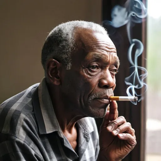 Prompt: A black old man smoking in the morning 