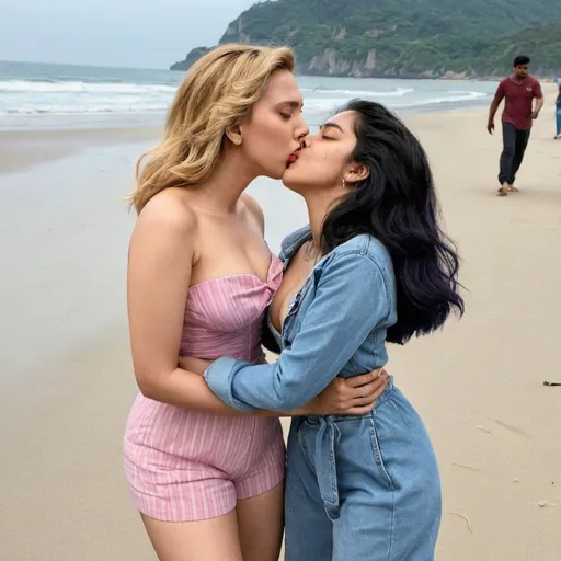 Prompt: Scarlett Johansson kissing 
Janhvi Kapoor  very passionately in a beach  