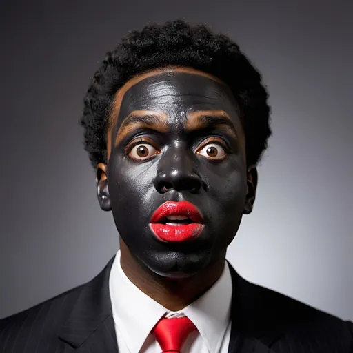 Prompt: black man with big red lips in blackface looks surprised