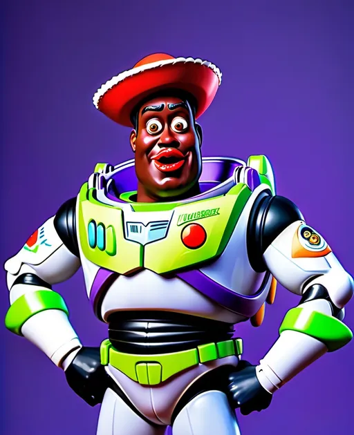 Prompt: buzz lightyear with big red lips in blackface looks surprised