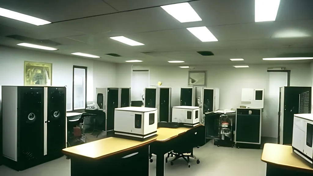 Prompt: A photo of a room in the 90s which is a lab and have old PCs. Image size should be in FullHD