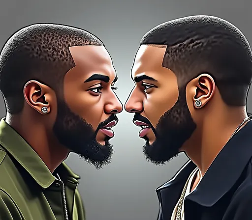Prompt: Create an image that looks like Kendrick Lamar facing drake from the side facing each other closely. Make Kendrick Lamar look smutand make Drake look afraid