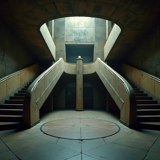 Prompt: An abandoned underground subway lobby that was originally created in the art deco style. it has a large square space that is at the bottom of a large stairway coming from the surface which has a landing like an art deco balcony where there becomes two separate rounded stair cases that comes from each side of the landing  the two staircases are curved. At the bottom of the staircases is a large two story square opening with the second level being a wide balcony that overlooks the first floor.  Make the space much larger. Zoom out to show a very large space with many unique art deco style influences in the architecture. The stairs need to be more curved and the view from a higher perspective. Add art deco influences everywhere rectory the space while keeping the art deco aesthetic and create a nightclub. The club will be a venue for electronic music add a large glass discoball. Make a darker club atmosphere and use a lot of audio and video components
