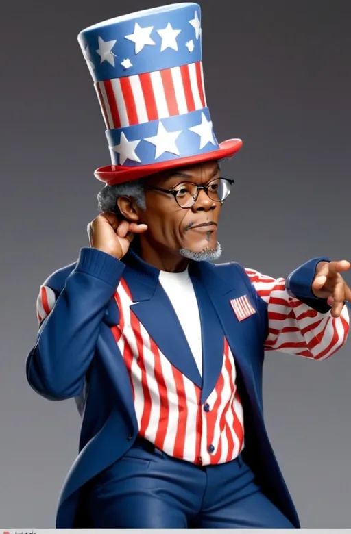 Prompt: Make an image of Samuel jackson wearing a Uncle Sam suit and top hat 