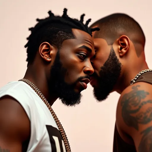 Prompt: Create an image that looks like Kendrick Lamar facing drake from the side facing each other closely. Make Kendrick Lamar look smutand make Drake look afraid