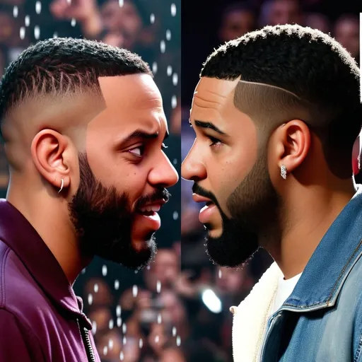 Prompt: Make a side by side image of Kendrick Lamar and drake facing each other very near each other make drake look intimated make drake look defeated and make Kendrick look confident make drake sad and Kendrick smile. Give Kendrick laugh and make a single tear drop go down drakes face