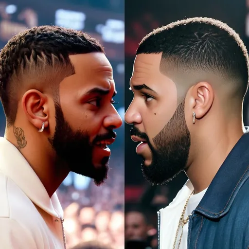 Prompt: Make a side by side image of Kendrick Lamar and drake facing each other very near each other make drake look intimated make drake look defeated and make Kendrick look confident make drake sad and Kendrick smile