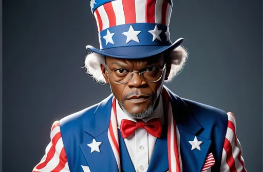Prompt: Make an image of Samuel jackson wearing a Uncle Sam suit and top hat 