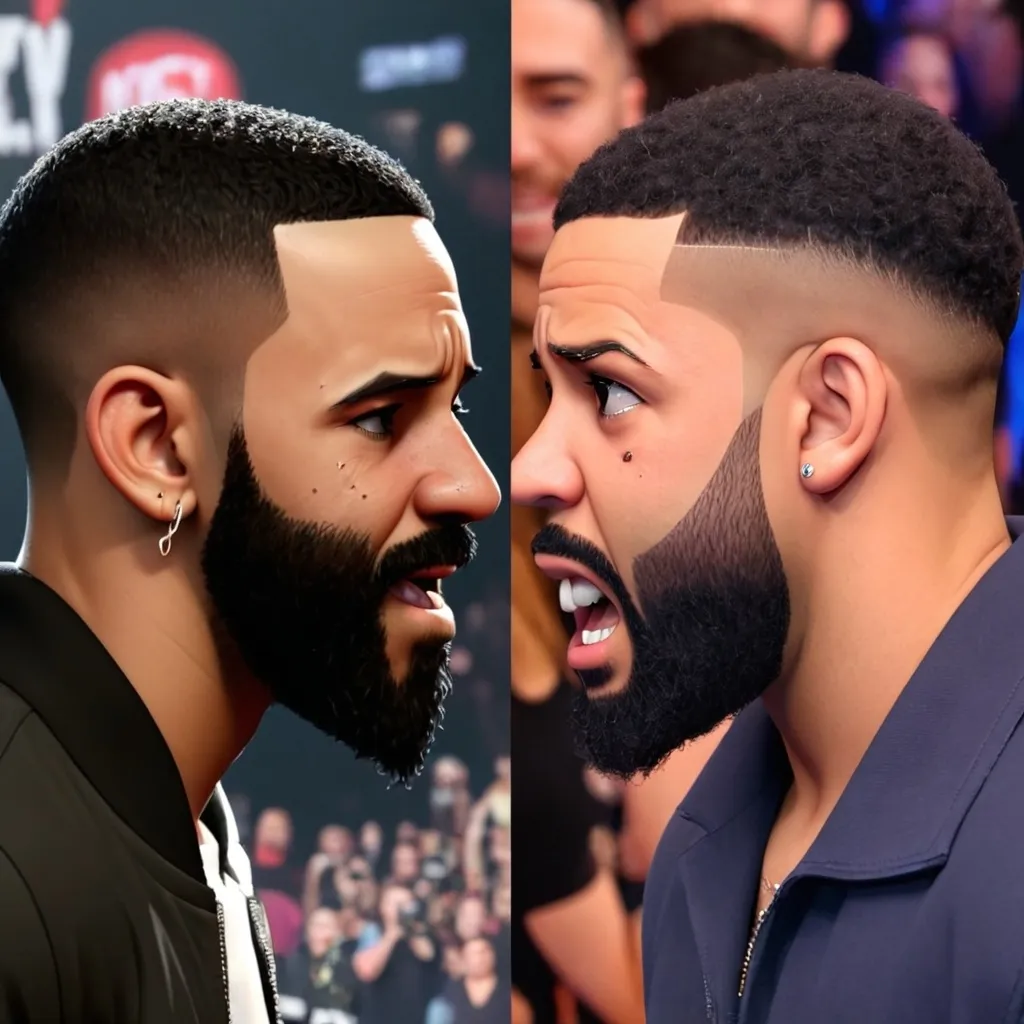 Prompt: Make an image of facing Drake Kendrick make Kendrick look like he is smiling. Make Drake look like he is crying  they face each other face to face   Make it a side by side profile. The picture shows Drake crying. They are not friends. Kendrick looks intimidated and Drake looks afraid. Drake has tears coming from his eyes and in his face. Drake is crying. They are about to have a fight.  They are in an mma fighting ring cage