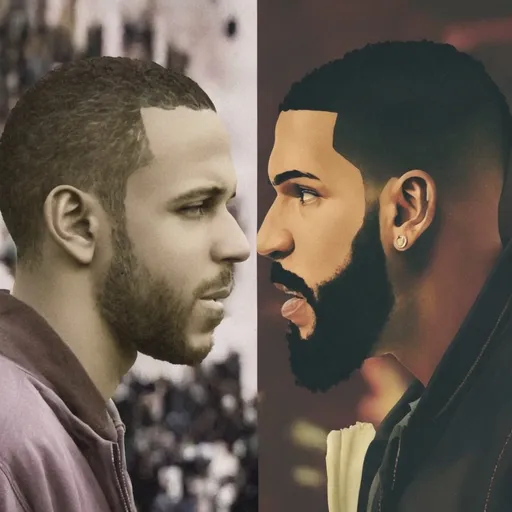 Prompt: Create an image that looks like Kendrick Lamar facing drake
