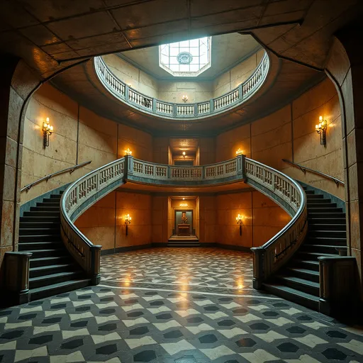 Prompt: An abandoned underground subway lobby that was originally created in the art deco style. it has a large square space that is at the bottom of a large stairway coming from the surface which has a landing like an art deco balcony where there becomes two separate rounded stair cases that comes from each side of the landing  the two staircases are curved. At the bottom of the staircases is a large two story square opening with the second level being a wide balcony that overlooks the first floor.  Make the space much larger. Zoom out to show a very large space with many unique art deco style influences in the architecture. The stairs need to be more curved and the view from a higher perspective. Add art deco influences everywhere rectory the space while keeping the art deco aesthetic and create a nightclub. The club will be a venue for electronic music add a large glass discoball. Make a darker club atmosphere and use a lot of audio and video components. Add laser lighting. Make this a dance club for techno music. Add a bar in the art deco style, large music speakers hanging from the ceiling. Add a large DJ booth that is on a raised podium.  Make the scene darker but add night life stage lighting.add a dance floor with many people dancing facing the DJ booth and led video screens. Add large music speakers and a dj. Darken the natural lighting and replace it with colored laser lighting effects. Many colorful lights coming from the disco ball. Repurpose this space to become a dance club. Have many different colors of laser lights reflecting from the disconall