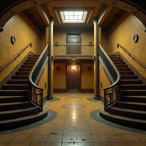 Prompt: An abandoned underground subway lobby that was originally created in the art deco style. it has a large square space that is at the bottom of a large stairway coming from the surface which has a landing like an art deco balcony where there becomes two separate rounded stair cases that comes from each side of the landing  the two staircases are curved. At the bottom of the staircases is a large two story square opening with the second level being a wide balcony that overlooks the first floor.  Make the space much larger. Zoom out to show a very large space with many unique art deco style influences in the architecture. The stairs need to be more curved and the view from a higher perspective. Add art deco influences everywhere rectory the space while keeping the art deco aesthetic and create a nightclub. The club will be a venue for electronic music