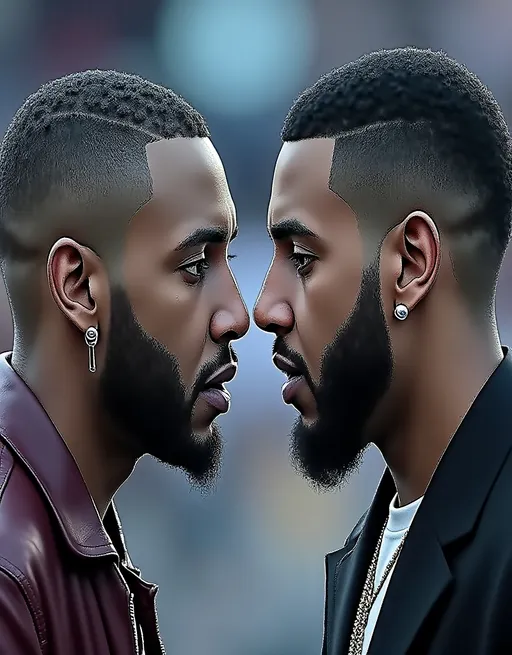 Prompt: Create an image that looks like Kendrick Lamar facing drake from the side facing each other closely. Make Kendrick Lamar look smutand make Drake look afraid
