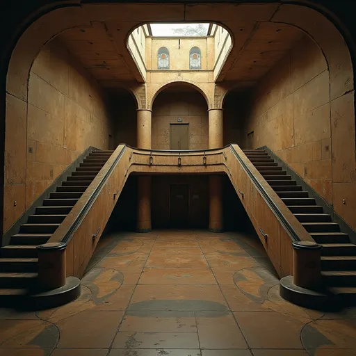 Prompt: An abandoned underground subway lobby that was originally created in the art deco style. it has a large square space that is at the bottom of a large stairway coming from the surface which has a landing like an art deco balcony where there becomes two separate rounded stair cases that comes from each side of the landing  the two staircases are curved. At the bottom of the staircases is a large two story square opening with the second level being a wide balcony that overlooks the first floor.  Make the space much larger. Zoom out to show a very large space with many unique art deco style influences in the architecture. The stairs need to be more curved and the view from a higher perspective. Add art deco influences everywhere rectory the space while keeping the art deco aesthetic and create a nightclub. The club will be a venue for electronic music