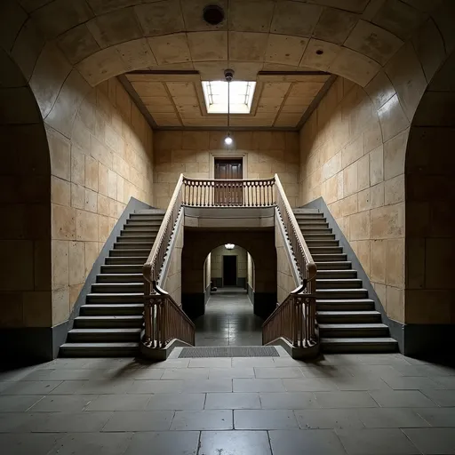 Prompt: An abandoned underground subway lobby that was originally created in the art deco style. it has a large square space that is at the bottom of a large stairway coming from the surface which has a landing like an art deco balcony where there becomes two separate rounded stair cases that comes from each side of the landing  the two staircases are curved. At the bottom of the staircases is a large two story square opening with the second level being a wide balcony that overlooks the first floor.  