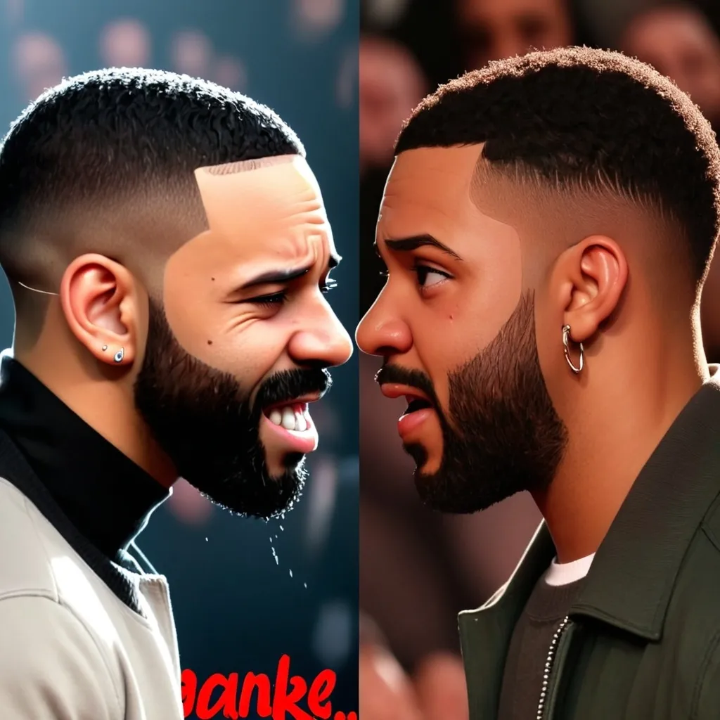 Prompt: Make an image of facing Drake Kendrick make Kendrick look like he is smiling. Make Drake look like he is crying  they face each other face to face   Make it a side by side profile. The picture shows Drake crying. They are not friends. Kendrick looks intimidated and Drake looks afraid. Drake has tears coming from his eyes and in his face. Drake is crying. They are about to have a fight. 