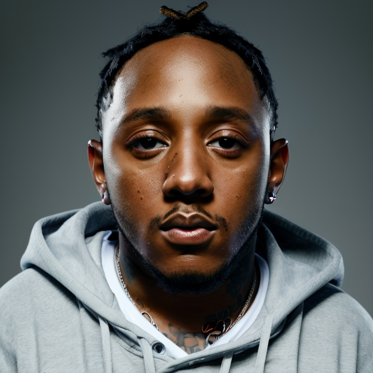 Prompt: make a realistic portrait natural lighting of Kendrick Lamar make it less realistic and make the background similar to the Super Bowl  give it a background of the Super Bowl